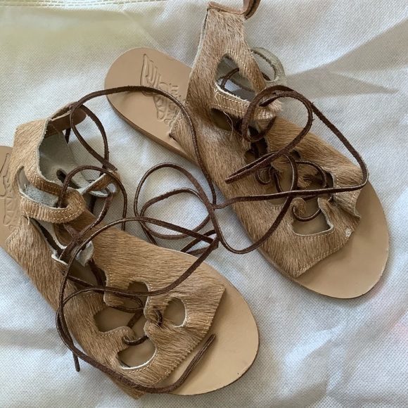 ANCIENT GREEK Tan Calf Hair Lace-up Sandals Sz 6 - Picture 5 of 6